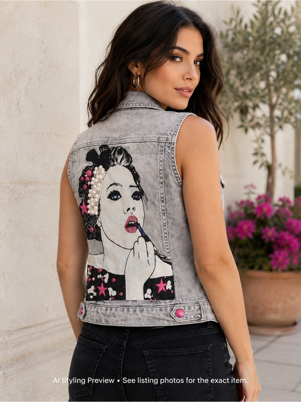 Grey Denim Moto Vest Pop Art Graphic Pearl Stud Y2K Size S